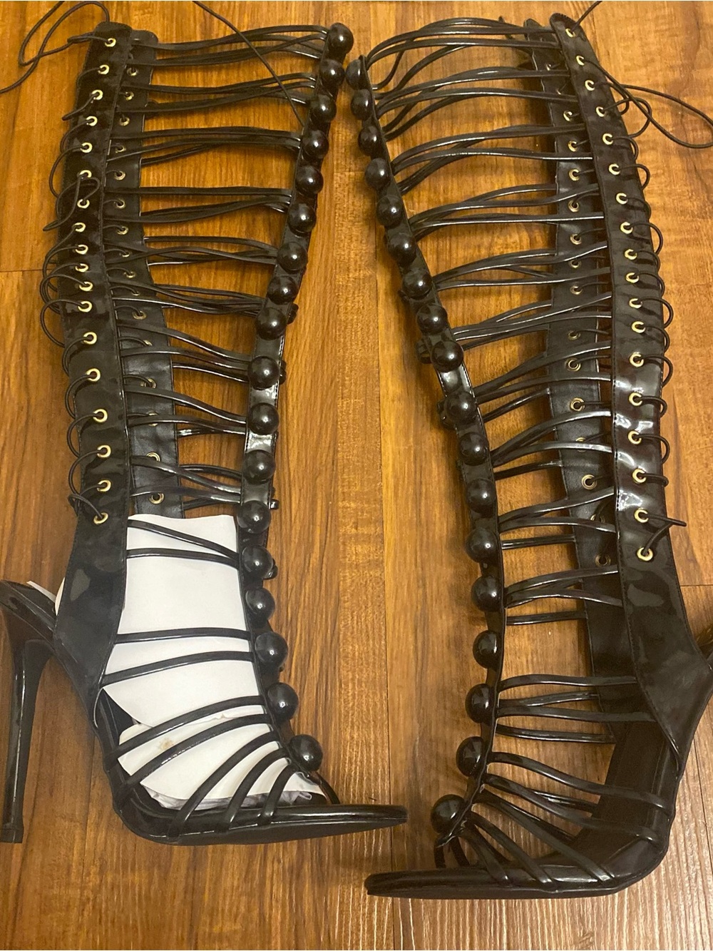Liliana Black Patent Strappy Beaded Knee-High Stiletto Sandals